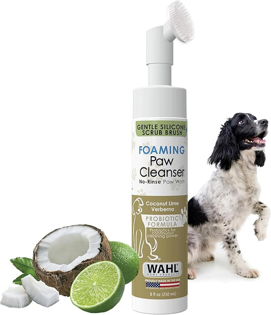 Wahl USA Gentle Foaming Dog Paw Cleaner, No-Rinse Probiotic Formula with Soft Silicone Paw Scrubber Brush, Coconut Lime Verbena Scent, 8 fl oz – Model 3028477