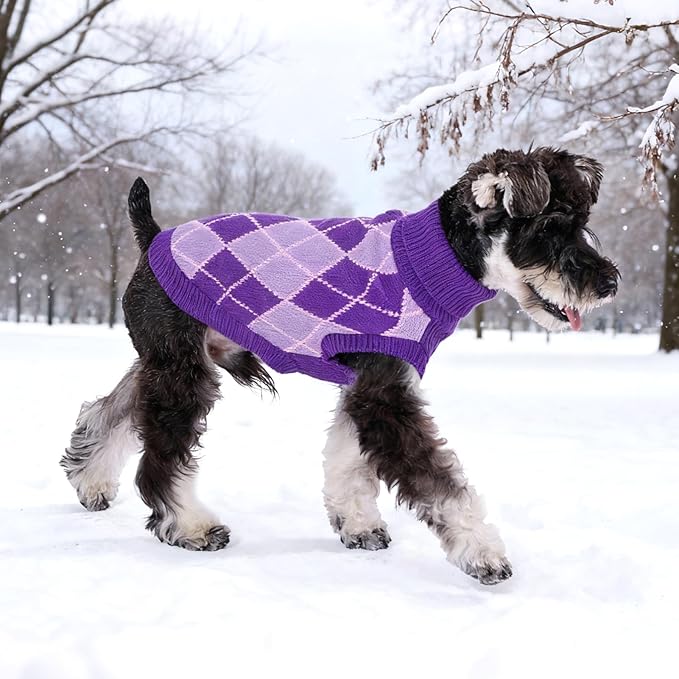 KOOLTAIL Small Dog Sweater, Knit Turtleneck Cold Weather Dog Sweaters for Medium Large Dogs,Soft Diamond Plaid Pullover Knitwear Pet Winter Warm Clothes,Pet Coat Puppy Sweater for Girls Boys,Purple XS