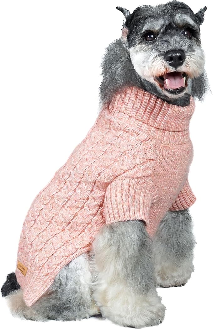 KYEESE Dog Sweater with Long Sleeve Classic Cable Knit Dogs Clothes Soft Pets Sweater, Turtleneck Dogs Coats Small Dog Sweater for Cold Weather, Pink, X-Small