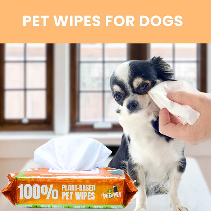 PET N PET 100% Plant Based Dog Wipes for Paws and Butt, 100 Counts Hypoallergenic Unscented Dog Pet Wipes, 8" x 8"