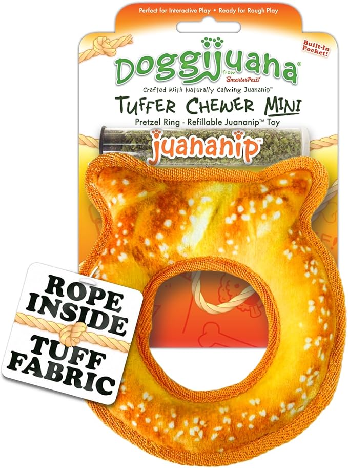 Doggijuana Tuffer Chewer Mini Plush Dog Toy | Funny Dog Toy Plush with Juananip Catnip for Dogs | Calming Aid for Dogs | Interactive Squeaky Chew Toy for Play (Pretzel Ring)