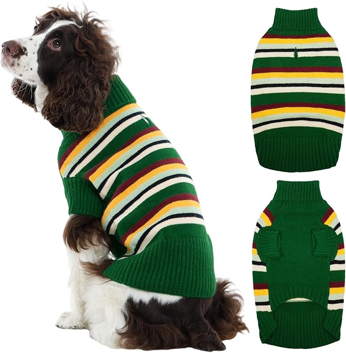 Kuoser Dog Sweater XL, Dog Sweaters for Medium Dogs Boy Girl, Warm Pullover Dog Striped Knitwear for Christmas, Winter Clothes Pet Apparel for Labrador Beagle, Green XL