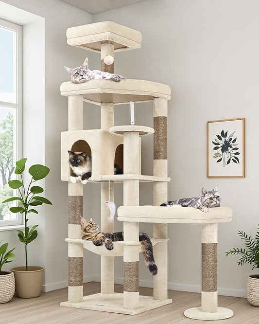 Globlazer Extra Large Platform Cat Tree, 65in Tall Sturdy Cat Tree for Indoor Cats Large Adult, Big Cat Tower for Big Cats with 3 Enlarged Perches, 6 Scratching Posts, Cat Condo, Hammock, S65, Beige