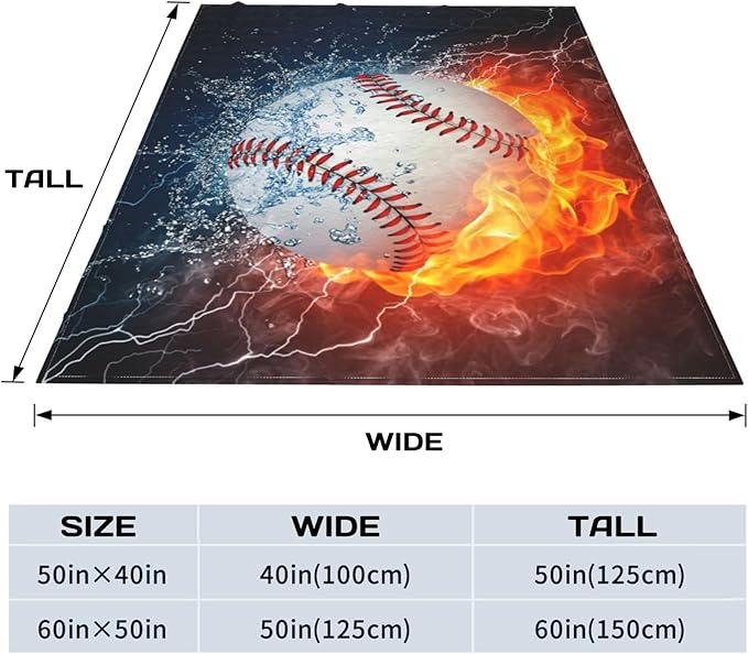 Baseball Blanket Throw Blanket for Boy & Kids, Warm Soft Flannel Blanket, Lightweight Sport All Season Blanket for Couch Bed Sofa Home Decor (40"x 50", White Ball in Fire and Water)