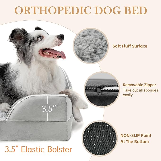 Comfort Expression Orthopedic Dog Bed for Small Dogs 20x14 Inch, Waterproof Supportive Egg Crate Foam Small Pet Bed with Removable Bolsters, Dog Couch with Washable Cover & Non-Slip Bottom, Gery White