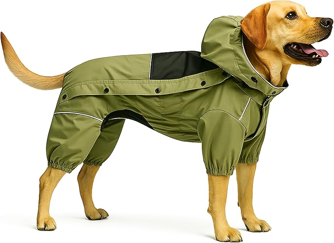 LOVELONGLONG Fleece-Lined Dog Raincoat with Removable Hood – Waterproof Winter Full Body Dog Jacket – Windproof Snowproof Cold-Weather Suit – Green-F S+