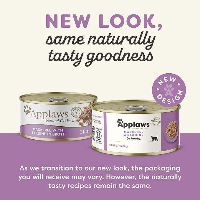 Applaws Natural Wet Canned Cat Food, Limited and Natural Ingredients, High Protein with No Artificial Additives, Mackerel & Sardine in Broth (24 x 2.47oz Cans)