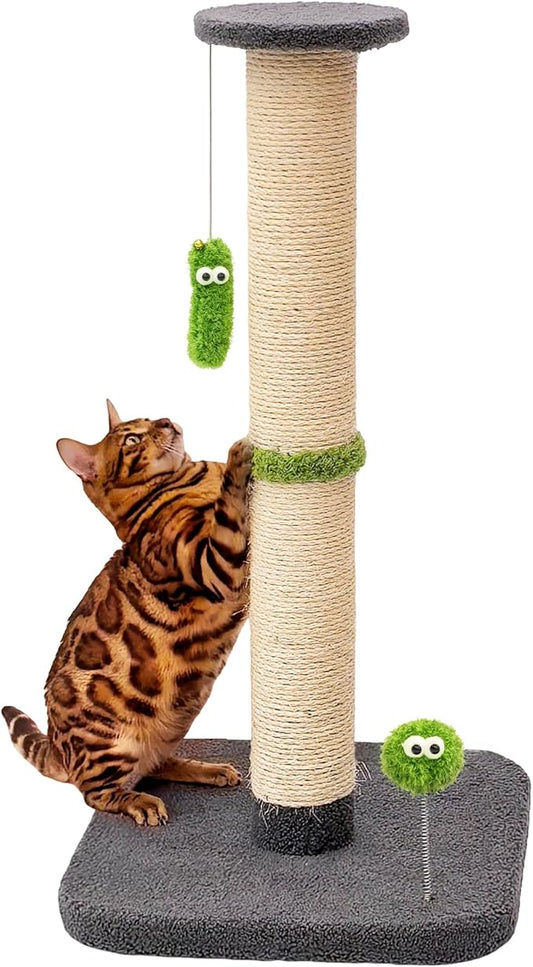 TINYBEAST 34.7" Tall Cat Scratching Post, 3 in 1 Sisal Cat Scratcher, Heavy Duty 4.3" Diameter Cat Tree with Hanging Bell Ball Toy and Reinforced Stable Base for Indoor Adult Cats & Kittens(Grey)