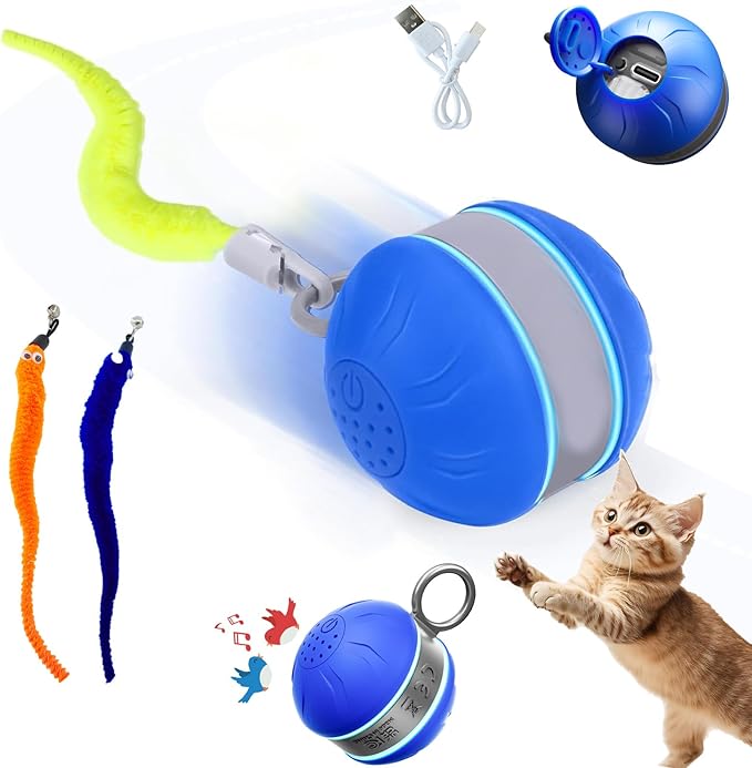 Speedy 2.0 Tail Interactive Cat Toys for Bored Indoor Adult Cats with 3 Tails,Automatic Cat Toy Ball Self Moving Chirping,Smart Kitten Rechargeable Cat Balls for Enrichment Exercise Essentials(Blue)
