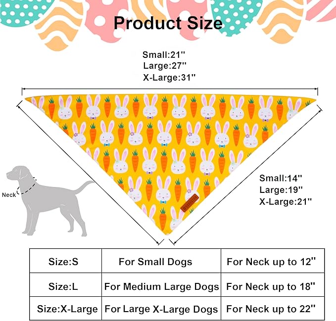 ADOGGYGO Easter Dog Bandana, Egg Rabbit Carrot Pet Scarf, Premium Durable Fabric, White Orange Easter Bandanas for Medium Large Dogs Pets (Large)