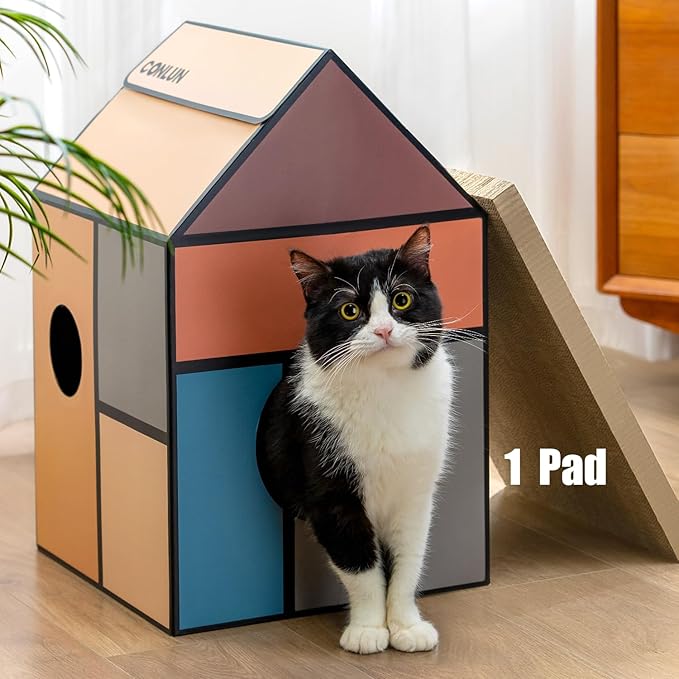 Cardboard Cat House with Scratch Pad & Catnip, Cat Play Scratching House for Indoor Hideaway Furniture, Heavy Duty Sturdy Cardboard Scratcher, Easy to Assemble Birthday Gift