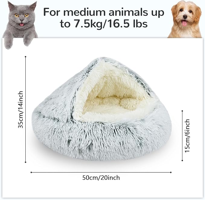 Calming Cat Beds, Fluffy Plush Round Cat Cave Washable, Cozy Warming Anti-Slip Small Dog Bed for Puppy and Kitten, Soft Anti Anxiety Pet Nest (20×20 inch, Grey)