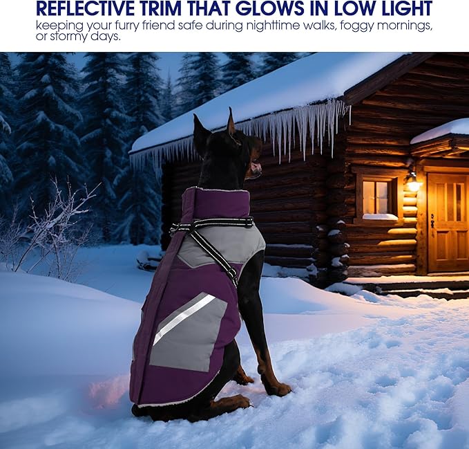 FUAMEY Dog Winter Jackets for Large Dogs,Dog Coat with Harness Built in,Waterproof Dogs Snowsuits Warm Pet Jacket Zip Up Fleece Cold Weather Coats Reflective Puppy Vest with Pocket Purple XL