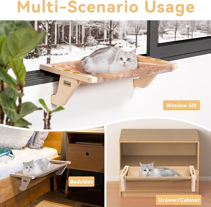 PETSFIT Cat Window Perch, Hammock Window Seat with Solid Wood Support, Metal Frame & 2 Removable Pads, Easy to Adjust & Assemble Cat Bed for Windowsill, Bedside and Drawer