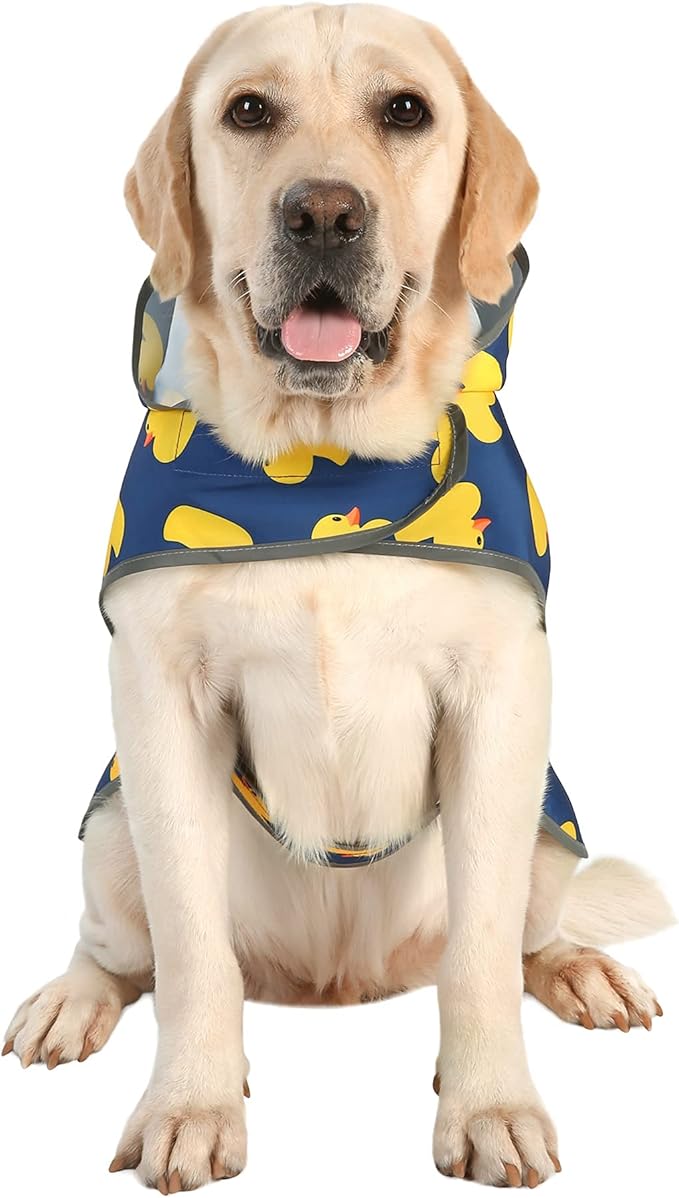 Dog Rain Coat for Large Dogs Waterproof Hooded Rain Jacket with Reflective Strips Leash Hole & Poncho Adjustable Fit (Duck,XL)