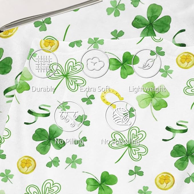 Greens Clovers St. Patrick's Day Blanket, Ireland Lucky Shamrock Throw Blanket, Gold Coin Horseshoe Fleece Blanket, Lightweight Soft Warm Flannel Blanket for Couch Sofa Chair, 50 x 60 Inch