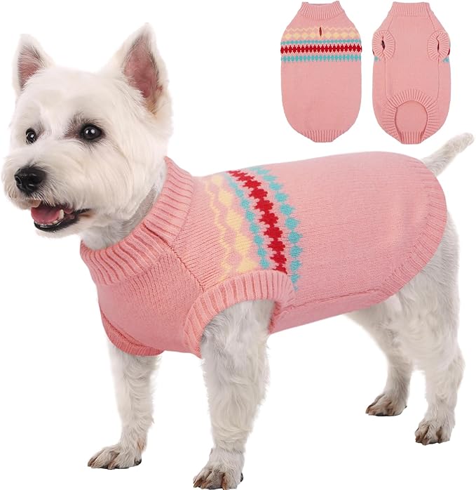 Kuoser Dog Sweater, Small Dog Sweater, Dogs Sweaters for Small Dogs Girl Boy, Thermal Puppy Christmas Sweaters Knitwear, Cold Weather Pet Winter Pullover Sweatshirt Apparel with Leash Hole, Pink XS