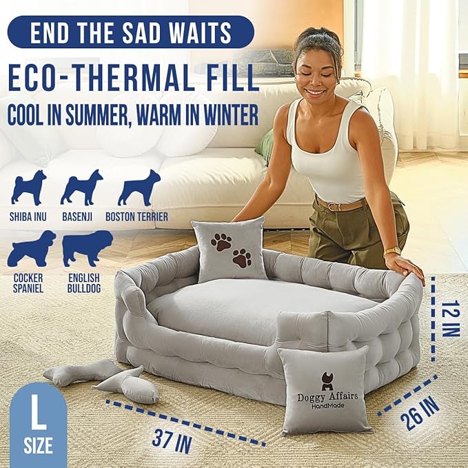 Luxury Dog Bed Chesterfield – Handcrafted Velvet Throne for Dogs | Joint Support, Calming & Temp-Regulating Comfort | Durable 5+ Years, Anti-Claw, Washable 100+ Times – L, Gray