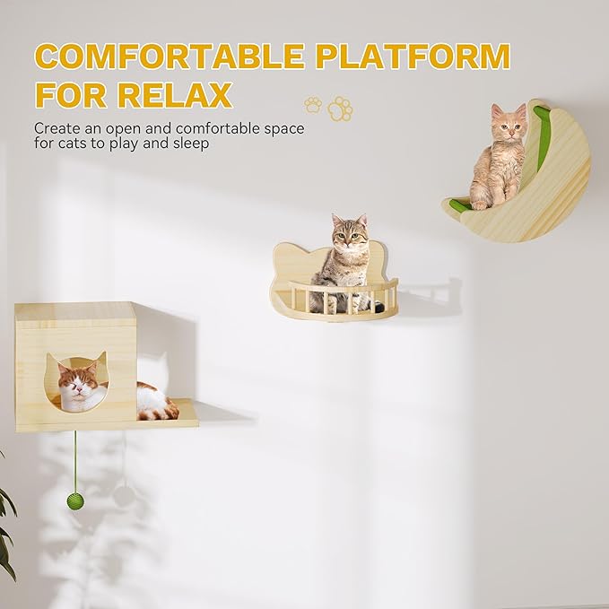 DWVO Cat Wall Shelves and Perches for Wall, Solid Wood Wall Mounted Cat Furniture, Set of 14 Cats Climbing Shelves for Large Cats with Green Wall House & Fence, Steps, Bridge Ladder, Scratching Posts