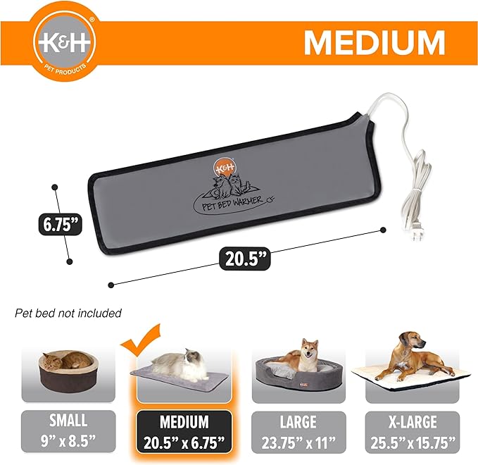 K&H Pet Products Pet Bed Warmer, Turn Any Pet Bed Into a Heated Cat or Dog Bed, Waterproof Indoor Heated Warming Pad Insert, Automatic Temperature, Safety Listed - Medium 20.5 X 6.75in Gray