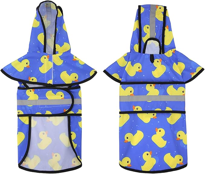 HDE Dog Raincoat Jacket Reflective Adjustable Hooded Pet Poncho Rain Coat with Leash Hole for Small to X-Large Dogs Rubber Ducks - S