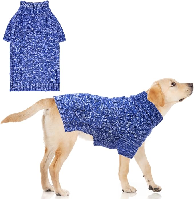KOOLTAIL Thermal Knitted Dog Sweater for Small Medium Large Dogs, Turtleneck Cable Knit Doggy Winter Coat Warm Clothes Sweatshirt Outfits for Cold Weather,Pullover Pet Jumper for Puppy Cats Blue XL