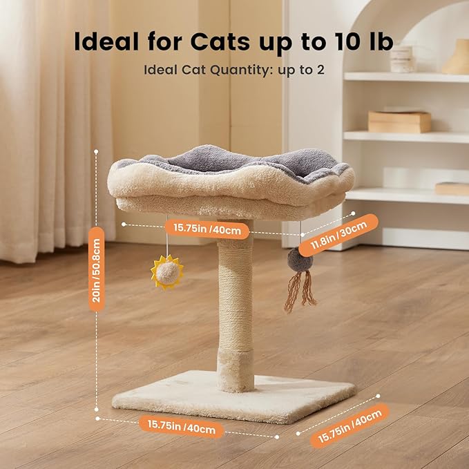 Gardner Pet 20" Cat Tree, Solid Wood Small Cat Tree, Removable Bed, Sisal Scratching Post & Hanging Toys, Compact Cat Tower Perch for Kittens & Indoor Cats (Beige, Square)