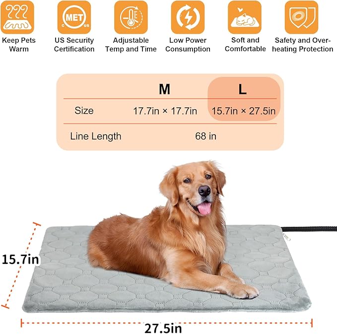 Pet Heating Pad for Cats & Dogs Indoor Outdoor, Warming Cat Heating Pad with Chew Resistant Cord, Adjustable Temperature and Time, Heated Pet Bed Mat Waterproof for Cats Dogs (Grey, 15.7'' × 27.6'')