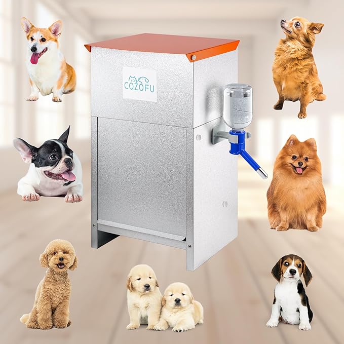 Automatic Gravity-Fed Dog Feeder with Water Bowl - Galvanized Steel Indoor/Outdoor Pet Food Station - 25lb Heavy-Duty Kibble Dispenser for All Dog Sizes