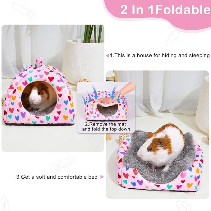 Glittme Guinea Pig Hideout 2Pack Guinea Pig Bed with Soft Pads Washable Small Animal Bed with Non-Slip Bottom Rabbit Hideout for Ferrets, Hamster, S