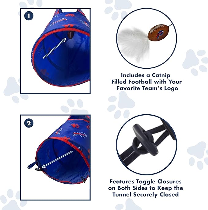 NFL Buffalo Bills Cat Tunnel Tube Toy with Plush Football Catnip and Feathers Collapsible Tunnel for Cats to Play, Peek and Hide, Sporty & Fun Cat Tunnel Toy with Team Logo All-Over Design!