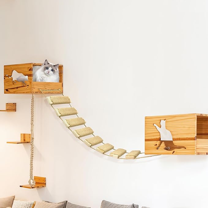Multi-Functional Cat Ladder & Bridge - Sisal Rope Climbing Frame Wall Furniture for Indoor/Outdoor Cats, Cage Accessories, Parrots, Small Pets (Wood Tone - 40in)