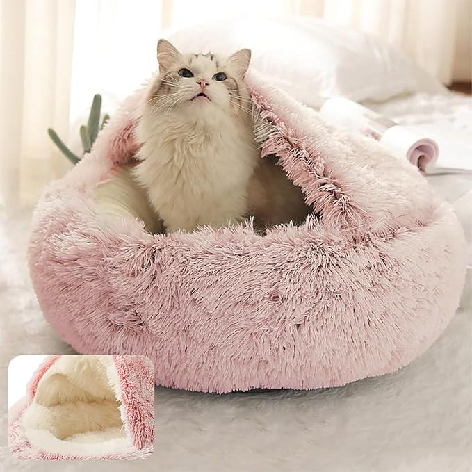 ShinHye Cat Bed Round Plush Fluffy Hooded Cat Bed Cave, Cozy for Indoor Cats or Small Dog beds, Soothing Pet Beds Doughnut Calm Anti-nxiety Dog Bed - Waterproof Bottom Washable (26×26inch, Pink)