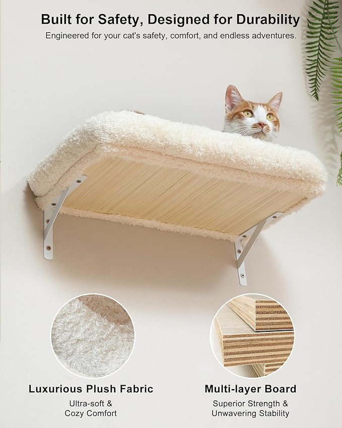 FUKUMARU Cat Wall Shelves, Stable 3-in-1 Wall Mounted Cats Furniture Set, Kitten Scratching Post with Soft Cushion Perch, Space Saving Climbing Wall for 16 Inch Drywall - Beige
