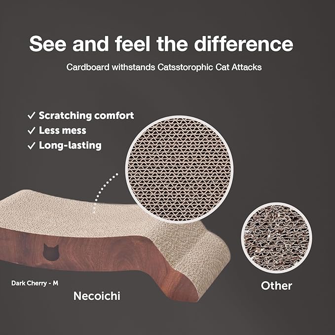Necoichi Cardboard Cat Scratcher Bed for Indoor Cats - Cat Scratching Board, Horizontal Cat Scratch Pad Lounger with Reversible Usability and Extra Comfort for Lounge, Curved (17" Medium, Dark Cherry)