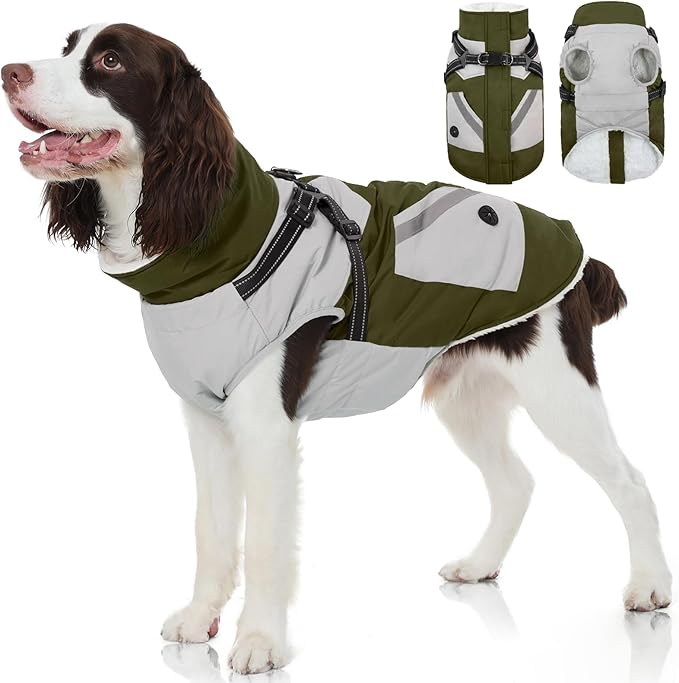 FUAMEY Dog Winter Jackets for Large Dogs,Dog Coat with Harness Built in,Waterproof Dogs Snowsuits Warm Pet Jacket Zip Up Fleece Cold Weather Coats Reflective Puppy Vest with Pocket Green XL