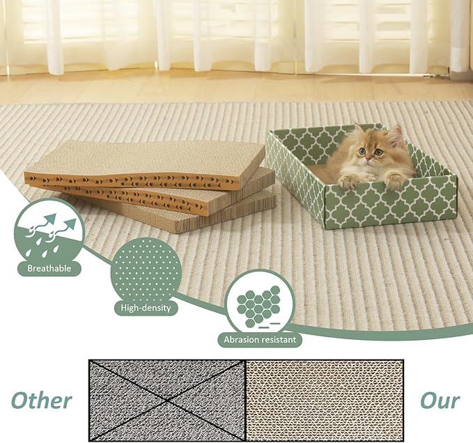 MECOOL Cat Scratching Board，3PC Scratch Pad with Box，Reversible Corrugated Scratcher Cardboard and Lounge Bed for Indoor Cats, Catnip