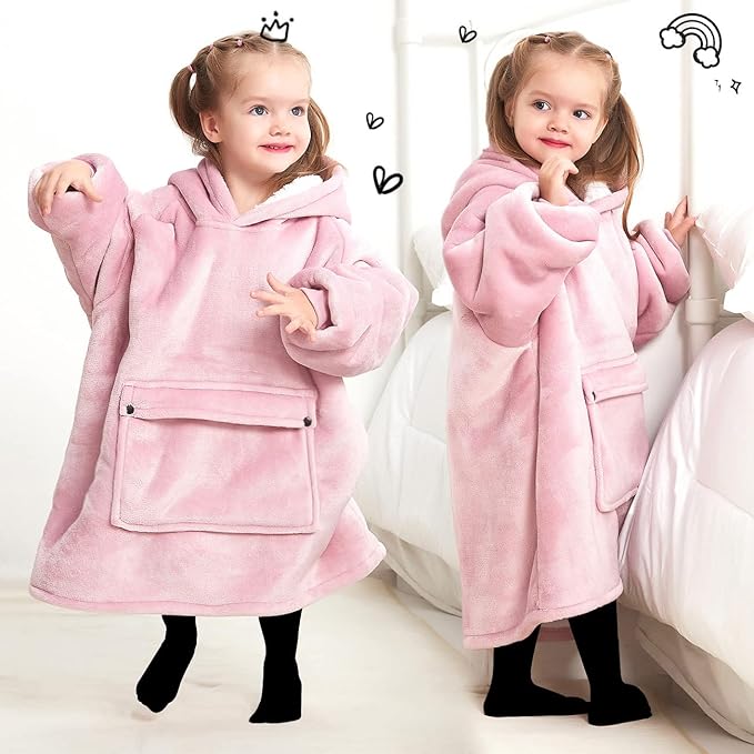 KFUBUO Wearable Blanket Hoodie for Kids Toddlers Sherpa Blanket Sweatshirt With Pocket Cute Hoodies 2-6 Year Old Girl Cute Birthday Gifts Pink