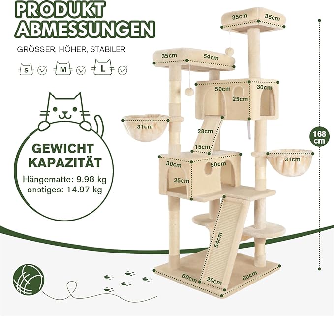 MUTICOR 66 Inches Multi-Level Large Cat Tree Tower for Indoor Big Feline/Cozy Plush Perches/Condo/Sisal Scratching Posts/Hammock and Baskets/Activity Center Play House/Wide Base/Beige