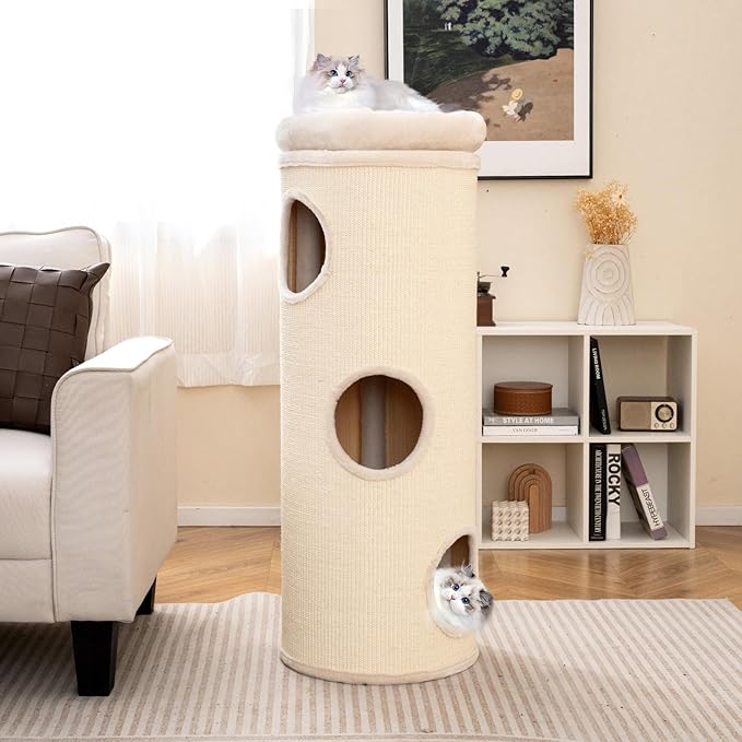Tangkula 4 Story Cat Tree Condo, 49” Barrel-Shaped Cat House with Detachable Sisal Scratching Board, 3 Hideaways & Removable Soft Top Plush Bed, Interior Bamboo Mat, Modern Cat Tower for Indoor Cats