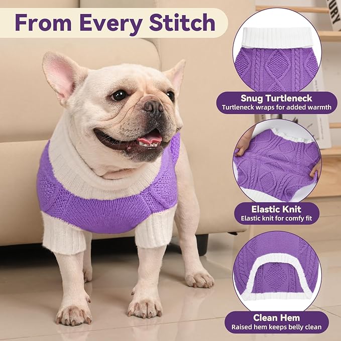 Dog Sweater for Medium Dogs Argyle Cable Knit Turtleneck Pullover Winter Clothes Boys Girls French Bulldog Dachshund Corgi Beagle Pug Pet (M, Purple)