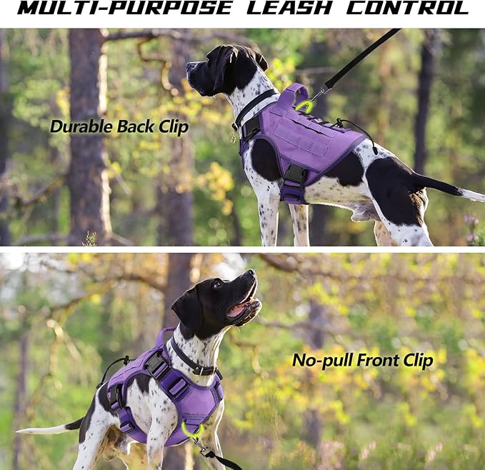 WINGOIN Purple Tactical Dog Harness for Large Dogs, Heavy Duty No Pull Dog Harness with Handle, Adjustable Reflective Military K9 Big Pet Vest for Husky, Doberman, Walking, Training, Hunting (XL)