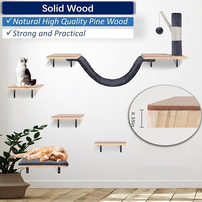 Cat Wall Shelves, Solid Wood Cat Wall Furniture Set, with Cats Bed, Hammock, Felt Ladder, Sisal Scratching Post & Ball (Dark Color)
