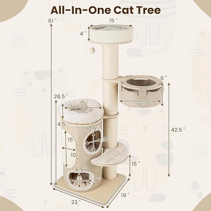 PETSITE 61 inch Cat Tree Tower, Multi-Level Wooden Cat Tower with Sisal Scratching Posts & Board, 2-Tier Condo, 2 Perches, Side Basket, and Interactive Sisal Ball