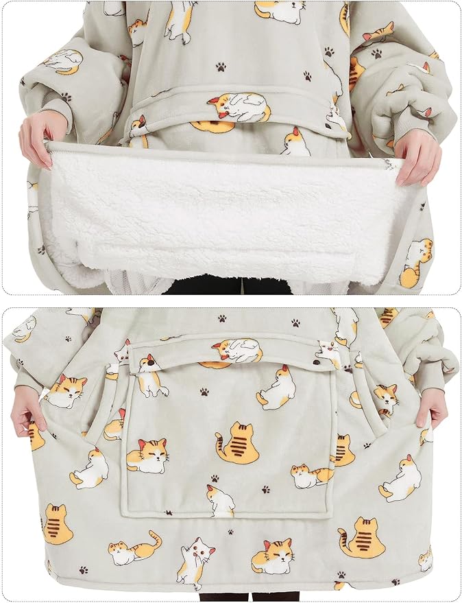 KFUBUO Wearable Blanket Hoodie for Adults Sherpa All Patterns Cat Oversized Sweatshirt Blanket with Pockets for Women
