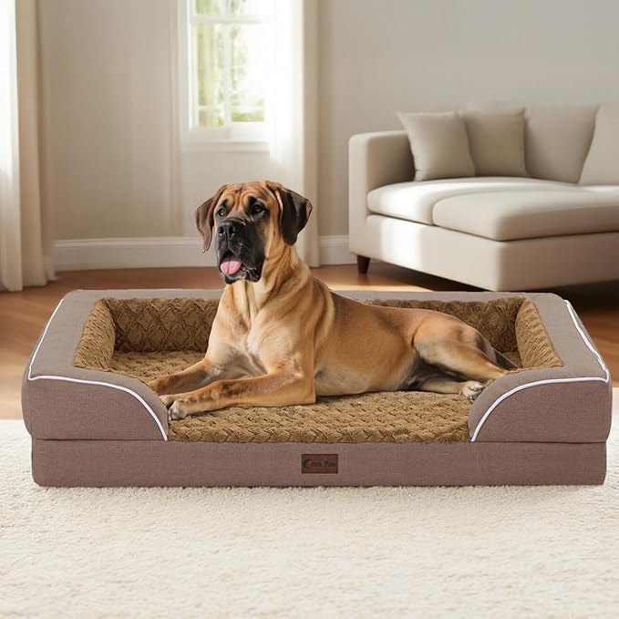 Orthopedic XXL Dog Beds, Waterproof Memory Foam Big Pet Bed for Extra Large Sized Dogs 53x42Inch, Non-Slip Bottom and Egg-Crate Foam Dog Couch Bed with Washable Removable Cover, Brown