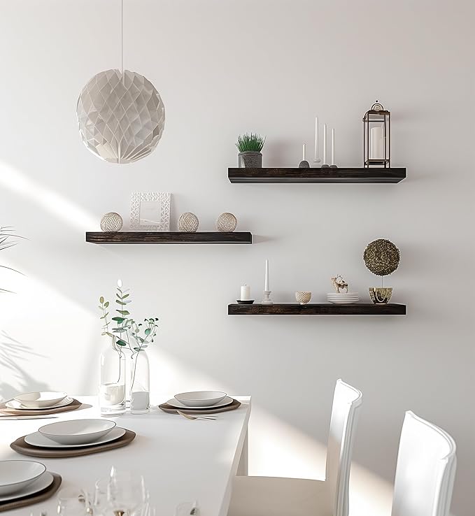 Brown Wood Floating Shelves for Wall Rustic Wall Shelf for Bedroom Living Room Set of 6