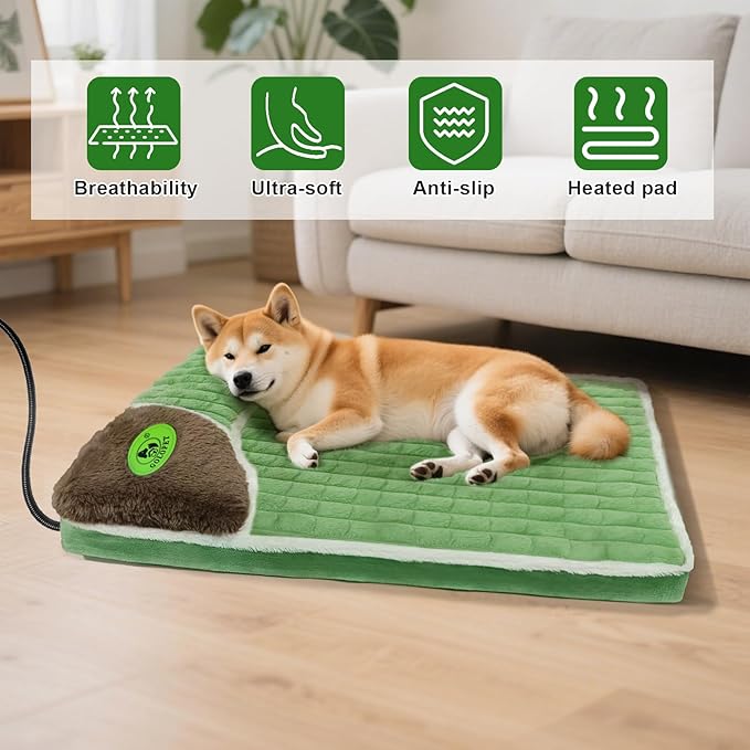 Heated Dog Bed 32x20x2 in,Equipped with MET/UL Dual Certified Heating Pad and Intelligent Controller,Thickened Memory Sponge+100% Plush Heated Pet Bed,Indoor Puppy Bed with Side Pillows