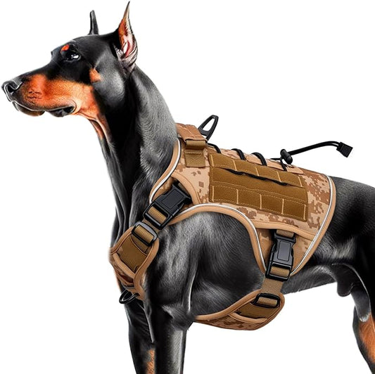 Heavy-Duty Tactical Dog Harness for Large Dogs, No Pull Adjustable Reflective Pet Vest with Molle System, K9 Military-Grade Control for Service Training, Outdoor & 10+ Breeds, Khaki Camo, Large
