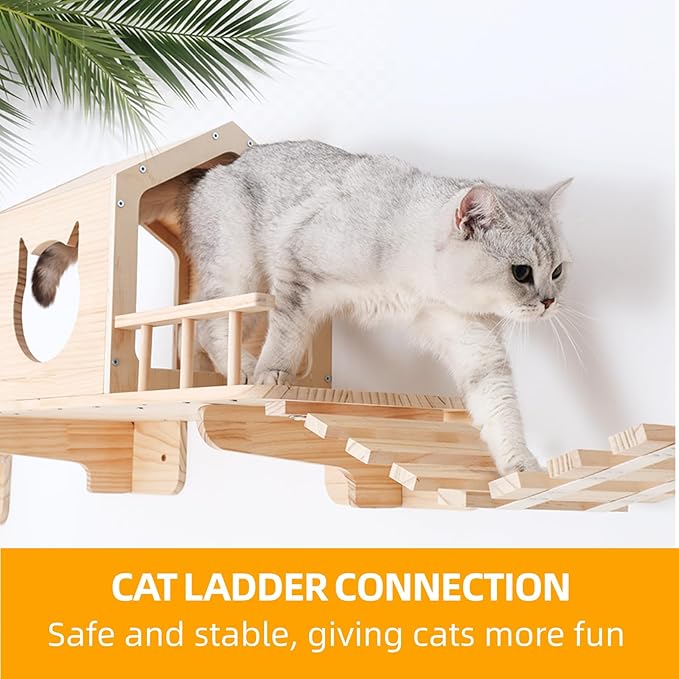 Cat Shelves for Wall, Climbing Shelves Wall-Mounted Furniture Set, Shelf with 1 House, 1 Bridge Ladder, 3 Scratching Posts and 5 Steps